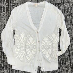 TORY BURCH WHITE BEADED & SATIN EMBELLISHED CARDIGAN WOMENS S $440